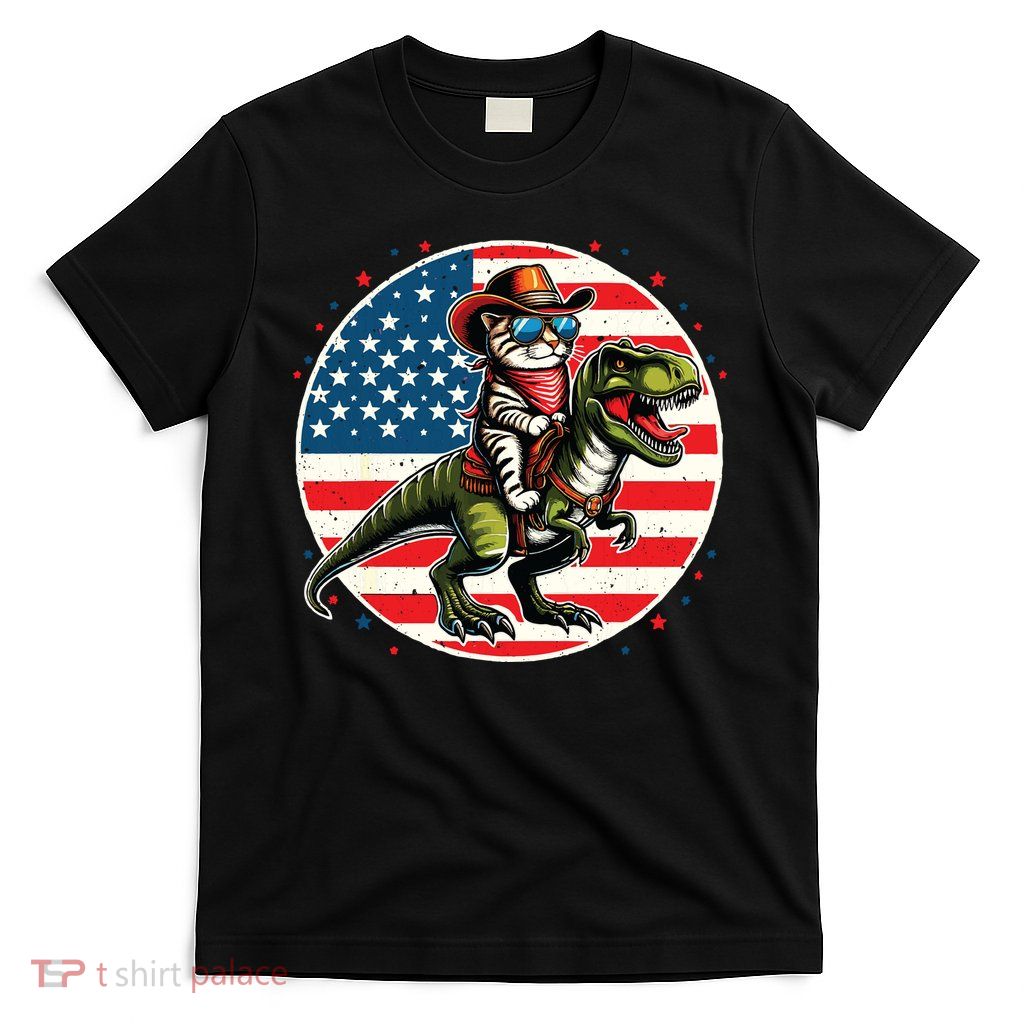 Funny Cowboy Cat Riding Dinosaur Usa Flag Trex 4th Of July T-Shirt