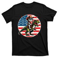 Funny Cowboy Cat Riding Dinosaur Usa Flag Trex 4th Of July T-Shirt