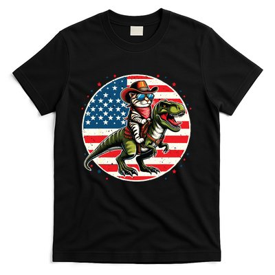 Funny Cowboy Cat Riding Dinosaur Usa Flag Trex 4th Of July T-Shirt