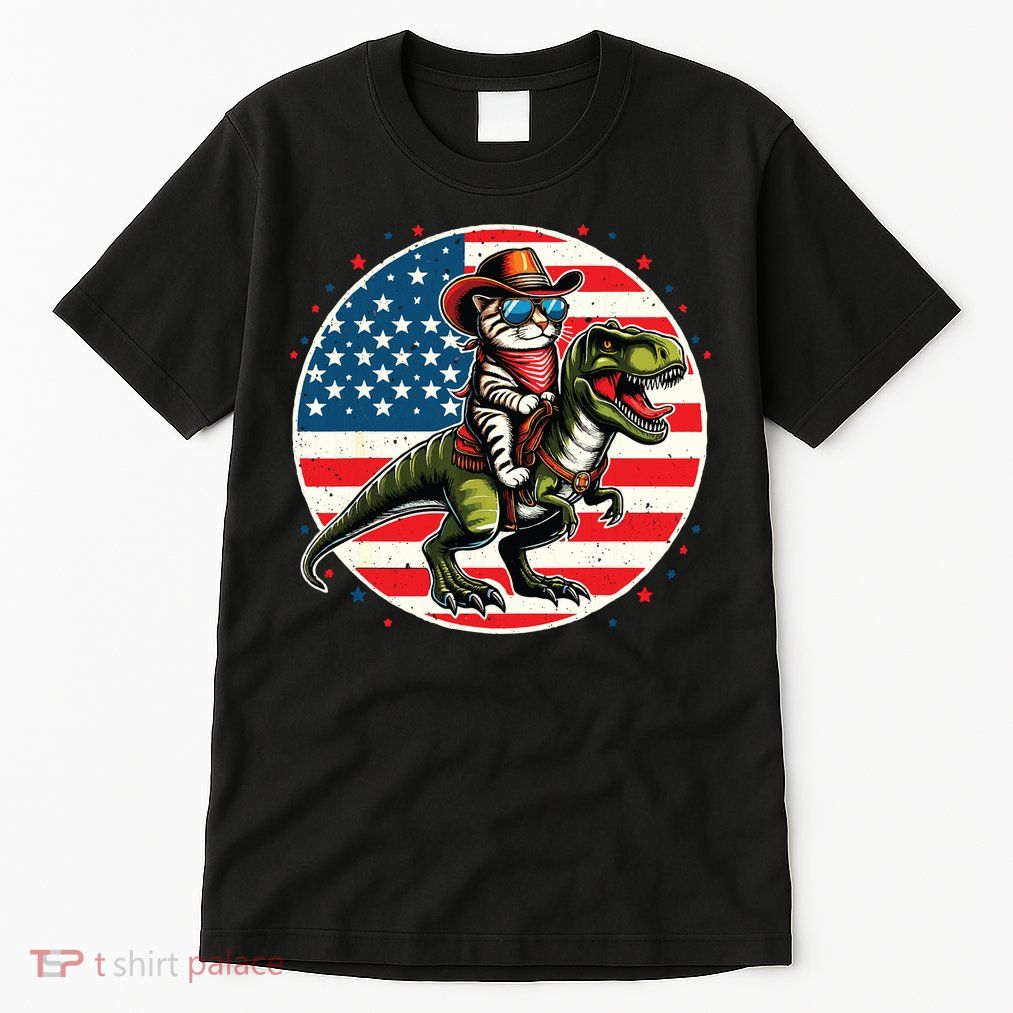 Funny Cowboy Cat Riding Dinosaur Usa Flag Trex 4th Of July Tall T-Shirt