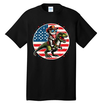 Funny Cowboy Cat Riding Dinosaur Usa Flag Trex 4th Of July Tall T-Shirt