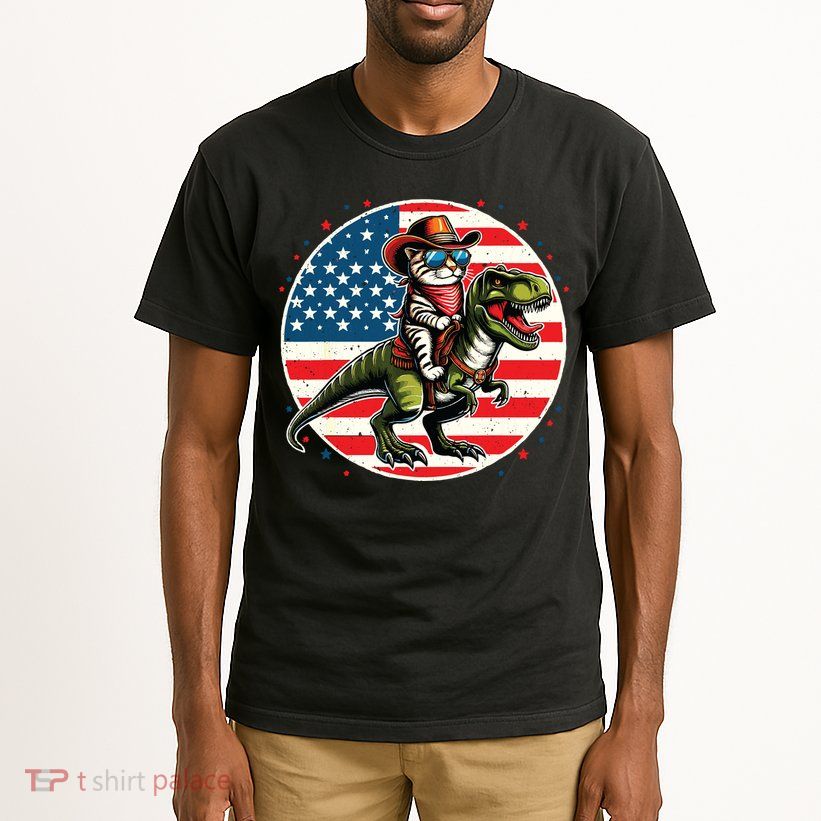Funny Cowboy Cat Riding Dinosaur Usa Flag Trex 4th Of July Tall T-Shirt