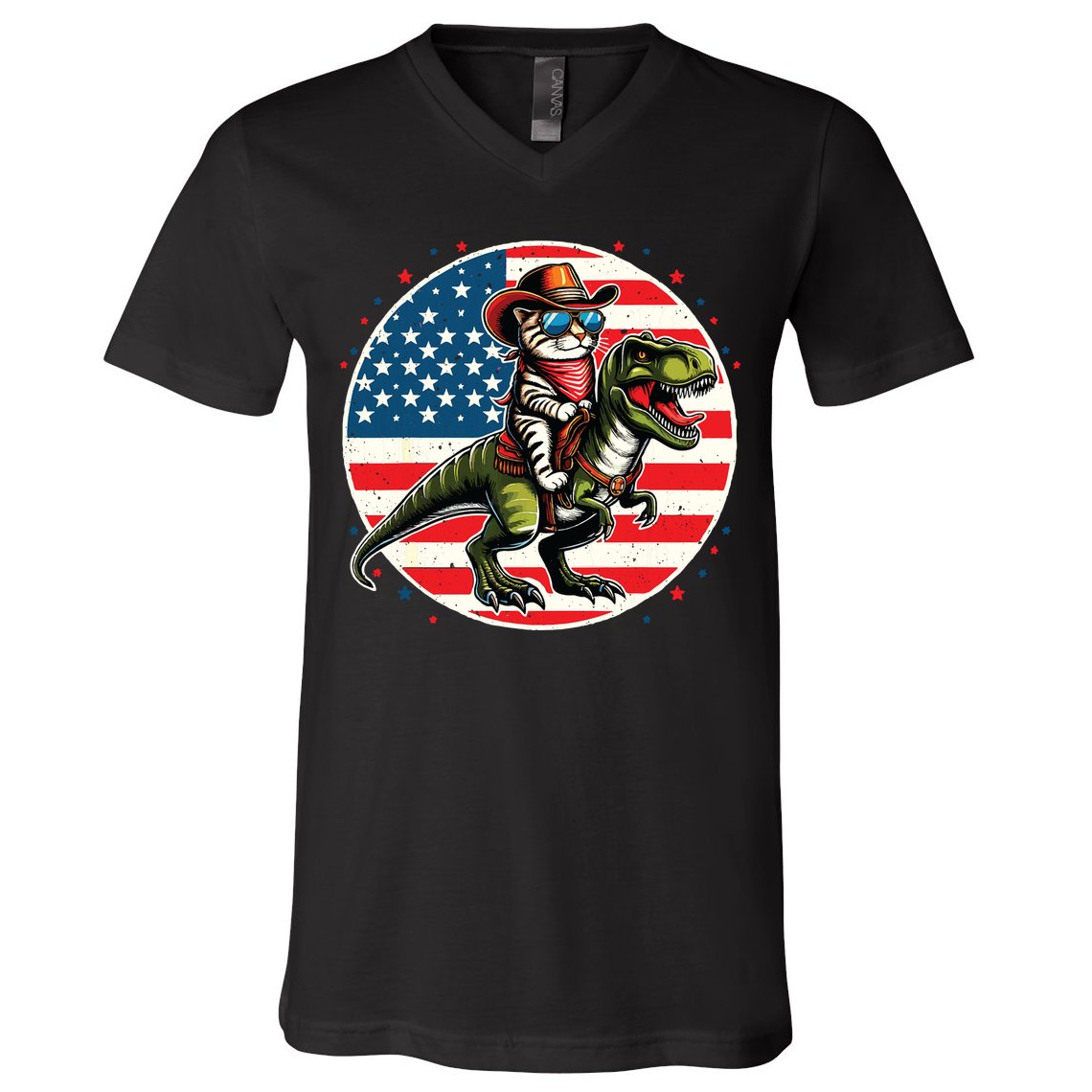 Funny Cowboy Cat Riding Dinosaur Usa Flag Trex 4th Of July V-Neck T-Shirt