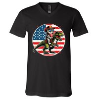 Funny Cowboy Cat Riding Dinosaur Usa Flag Trex 4th Of July V-Neck T-Shirt