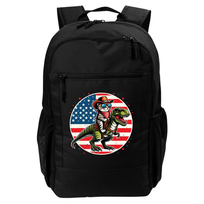 Funny Cowboy Cat Riding Dinosaur Usa Flag Trex 4th Of July Backpack