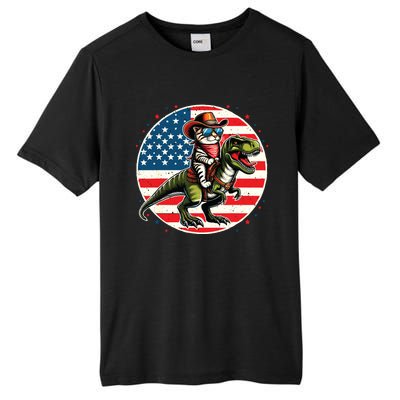 Funny Cowboy Cat Riding Dinosaur Usa Flag Trex 4th Of July Tall Fusion ChromaSoft Performance T-Shirt