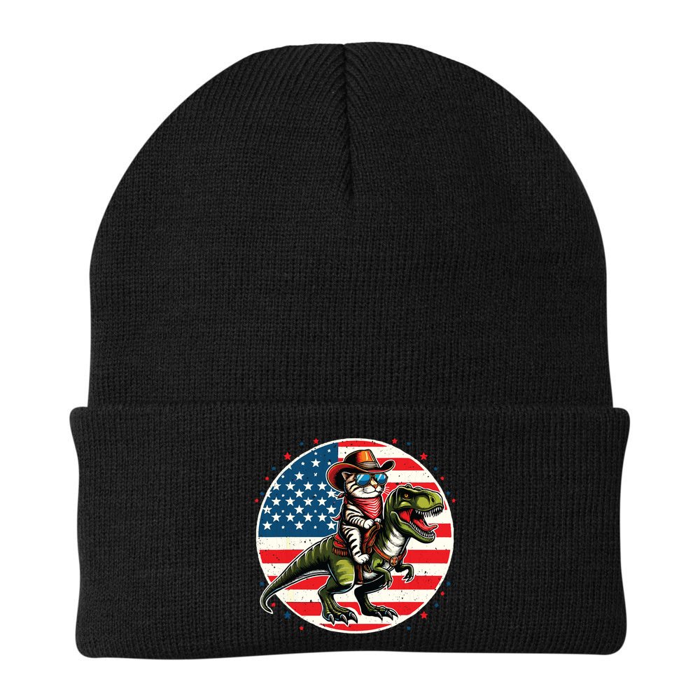 Funny Cowboy Cat Riding Dinosaur Usa Flag Trex 4th Of July Beanie