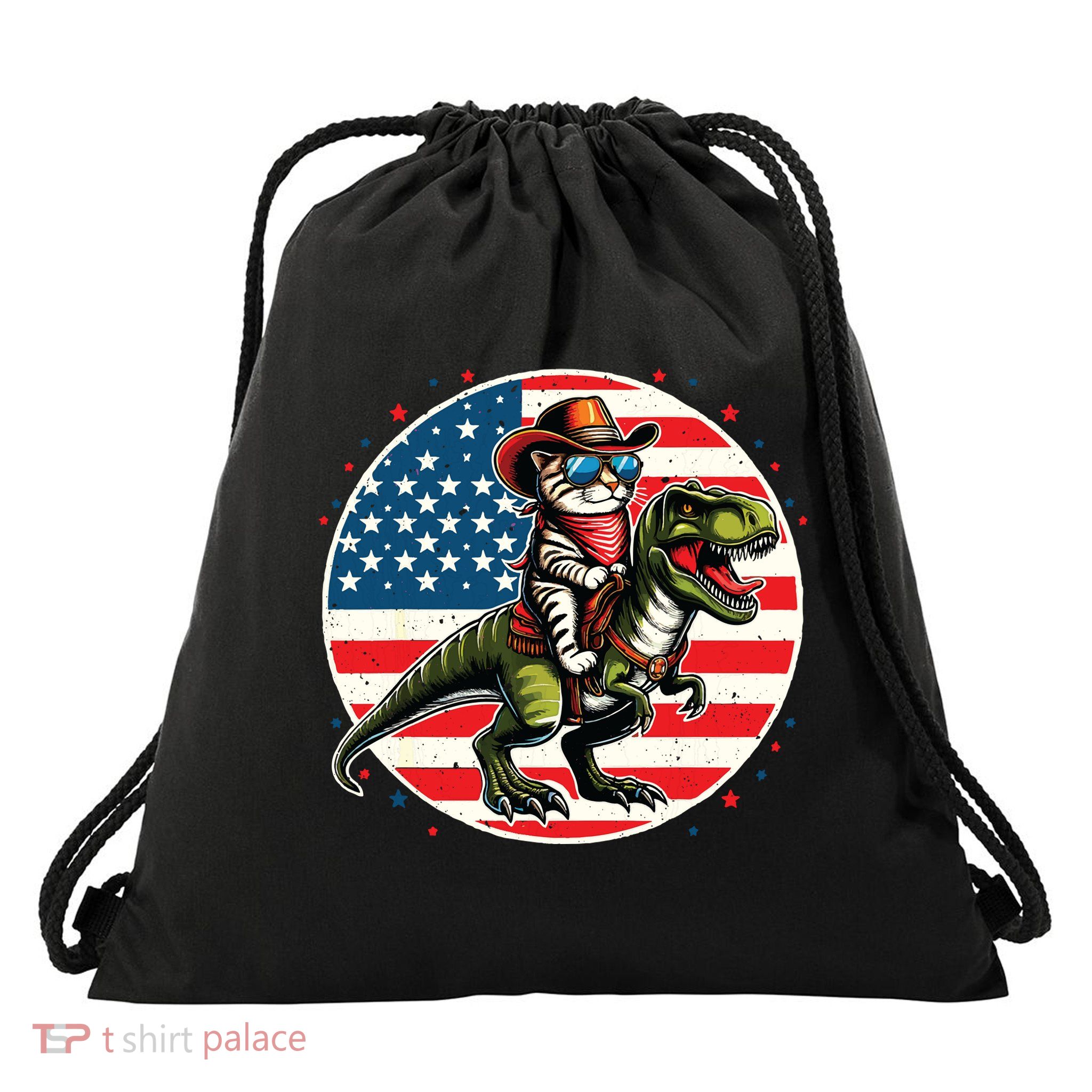 Funny Cowboy Cat Riding Dinosaur Usa Flag Trex 4th Of July Drawstring Bag