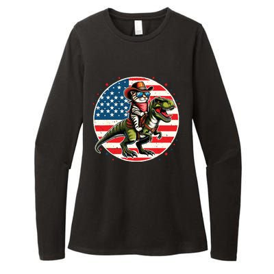 Funny Cowboy Cat Riding Dinosaur Usa Flag Trex 4th Of July Womens CVC Long Sleeve Shirt