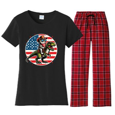 Funny Cowboy Cat Riding Dinosaur Usa Flag Trex 4th Of July Women's Flannel Pajama Set