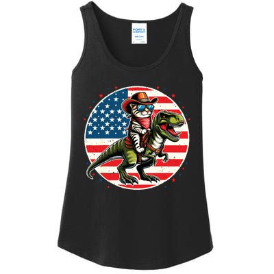 Funny Cowboy Cat Riding Dinosaur Usa Flag Trex 4th Of July Ladies Essential Tank