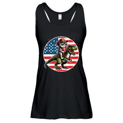 Funny Cowboy Cat Riding Dinosaur Usa Flag Trex 4th Of July Ladies Essential Flowy Tank