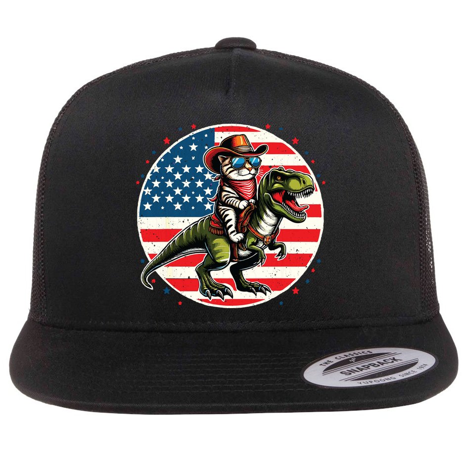 Funny Cowboy Cat Riding Dinosaur Usa Flag Trex 4th Of July Flat Bill Trucker Hat