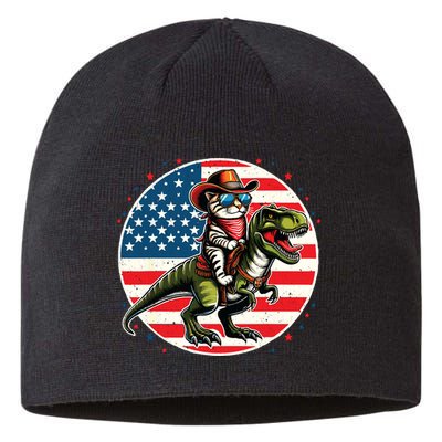 Funny Cowboy Cat Riding Dinosaur Usa Flag Trex 4th Of July Sustainable Beanie
