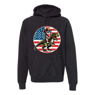 Funny Cowboy Cat Riding Dinosaur Usa Flag Trex 4th Of July Premium Hoodie