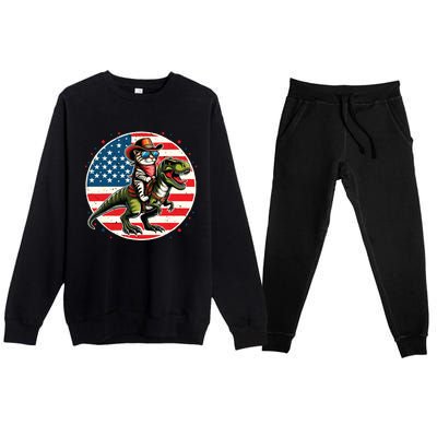 Funny Cowboy Cat Riding Dinosaur Usa Flag Trex 4th Of July Premium Crewneck Sweatsuit Set