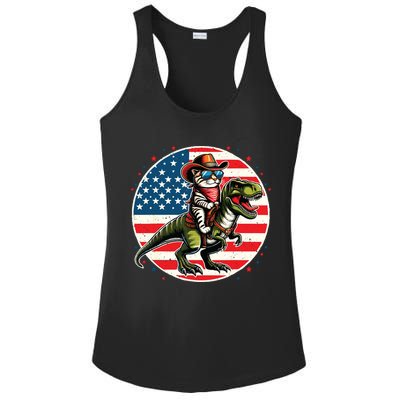 Funny Cowboy Cat Riding Dinosaur Usa Flag Trex 4th Of July Ladies PosiCharge Competitor Racerback Tank