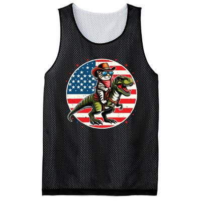 Funny Cowboy Cat Riding Dinosaur Usa Flag Trex 4th Of July Mesh Reversible Basketball Jersey Tank