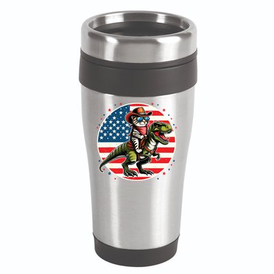 Funny Cowboy Cat Riding Dinosaur Usa Flag Trex 4th Of July 16oz Travel Tumbler