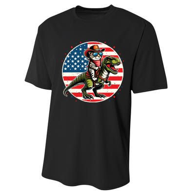 Funny Cowboy Cat Riding Dinosaur Usa Flag Trex 4th Of July Performance Sprint T-Shirt