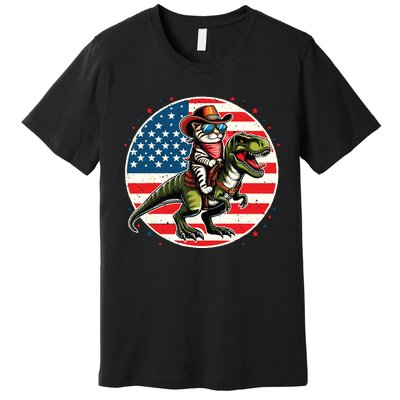 Funny Cowboy Cat Riding Dinosaur Usa Flag Trex 4th Of July Premium T-Shirt