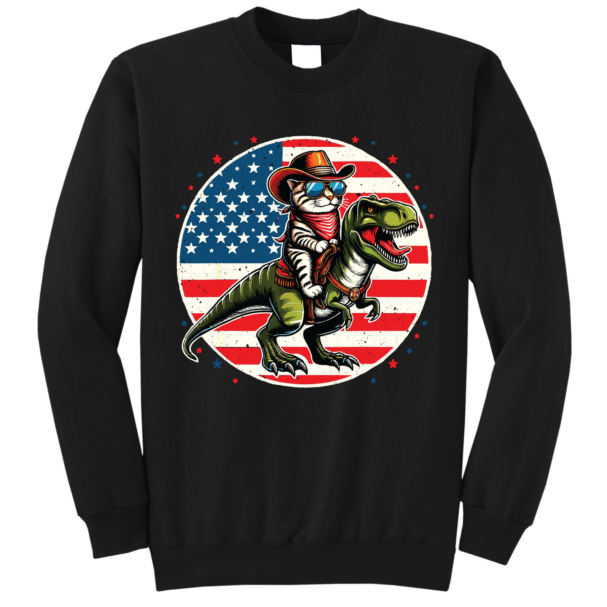 Funny Cowboy Cat Riding Dinosaur Usa Flag Trex 4th Of July Tall Sweatshirt