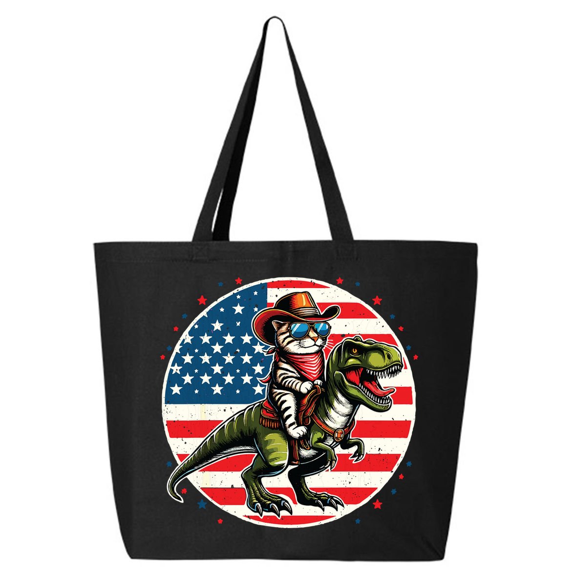 Funny Cowboy Cat Riding Dinosaur Usa Flag Trex 4th Of July 25L Jumbo Tote