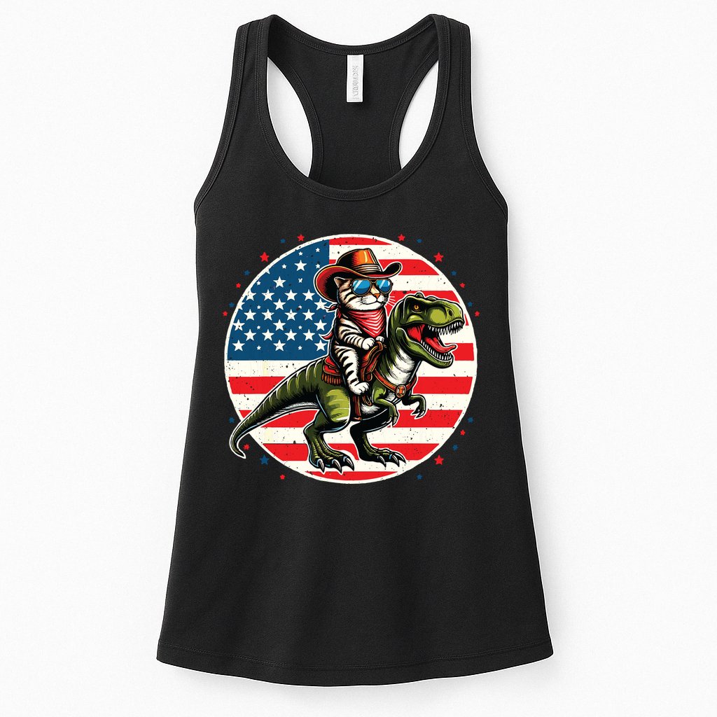 Funny Cowboy Cat Riding Dinosaur Usa Flag Trex 4th Of July Womens Tank Top