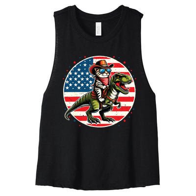 Funny Cowboy Cat Riding Dinosaur Usa Flag Trex 4th Of July Women's Racerback Cropped Tank