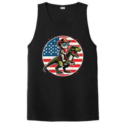 Funny Cowboy Cat Riding Dinosaur Usa Flag Trex 4th Of July PosiCharge Competitor Tank