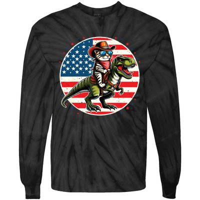 Funny Cowboy Cat Riding Dinosaur Usa Flag Trex 4th Of July Tie-Dye Long Sleeve Shirt