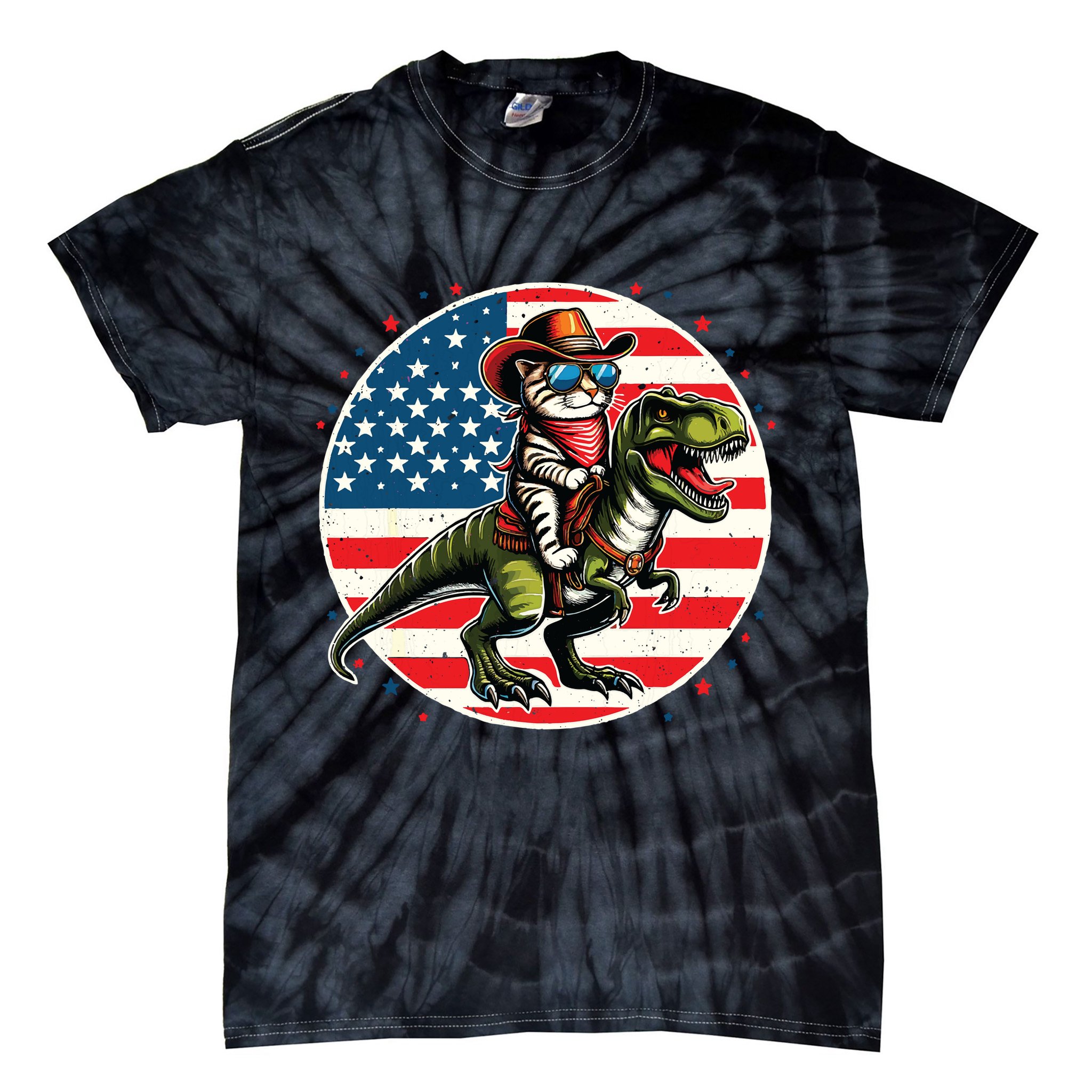 Funny Cowboy Cat Riding Dinosaur Usa Flag Trex 4th Of July Tie-Dye T-Shirt