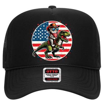 Funny Cowboy Cat Riding Dinosaur Usa Flag Trex 4th Of July Trucker Hat