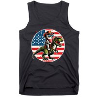 Funny Cowboy Cat Riding Dinosaur Usa Flag Trex 4th Of July Tank Top