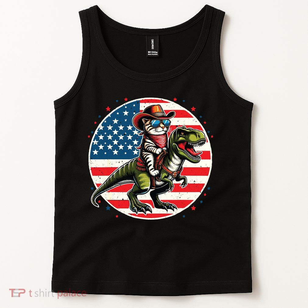Funny Cowboy Cat Riding Dinosaur Usa Flag Trex 4th Of July Tank Top
