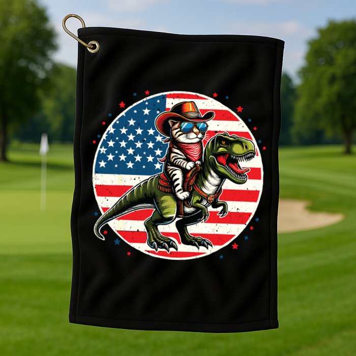 Funny Cowboy Cat Riding Dinosaur Usa Flag Trex 4th Of July Golf Towel