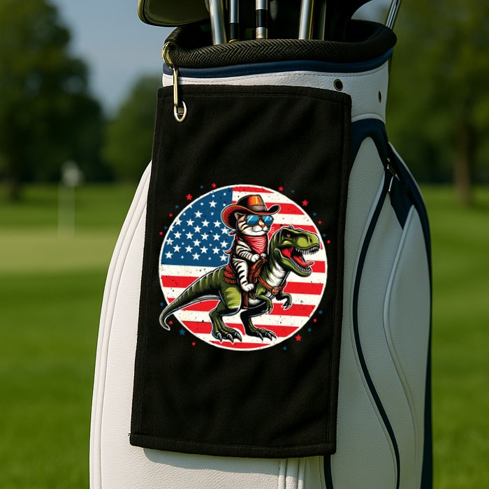 Funny Cowboy Cat Riding Dinosaur Usa Flag Trex 4th Of July Golf Towel