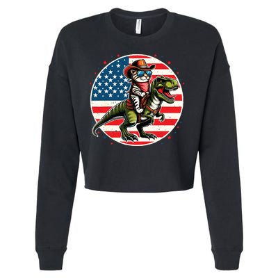 Funny Cowboy Cat Riding Dinosaur Usa Flag Trex 4th Of July Cropped Pullover Crew