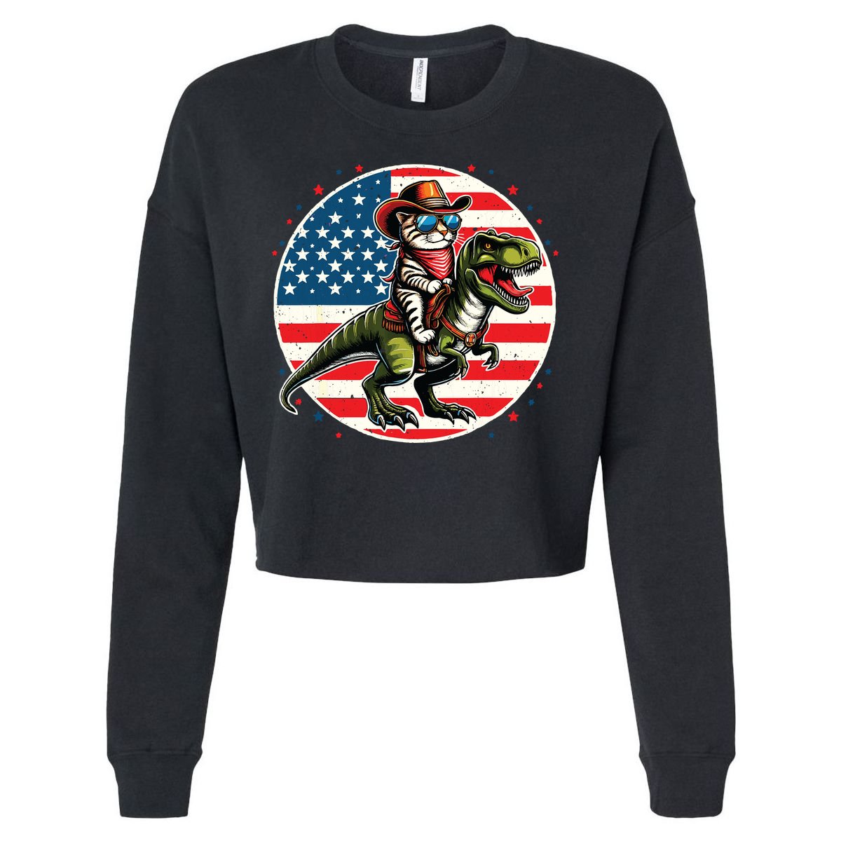 Funny Cowboy Cat Riding Dinosaur Usa Flag Trex 4th Of July Cropped Pullover Crew
