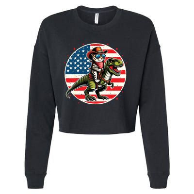 Funny Cowboy Cat Riding Dinosaur Usa Flag Trex 4th Of July Cropped Pullover Crew