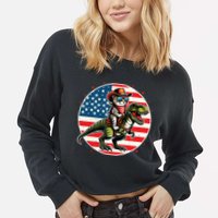 Funny Cowboy Cat Riding Dinosaur Usa Flag Trex 4th Of July Cropped Pullover Crew