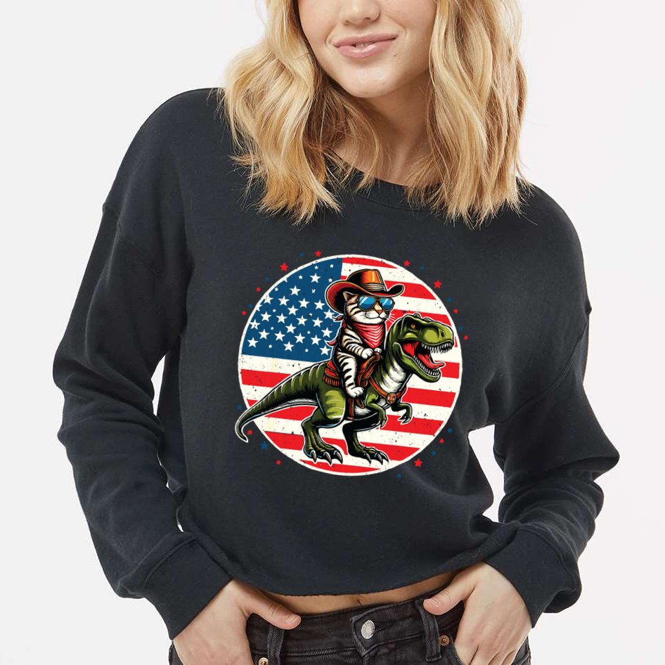 Funny Cowboy Cat Riding Dinosaur Usa Flag Trex 4th Of July Cropped Pullover Crew