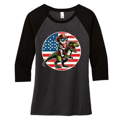 Funny Cowboy Cat Riding Dinosaur Usa Flag Trex 4th Of July Women's Tri-Blend 3/4-Sleeve Raglan Shirt