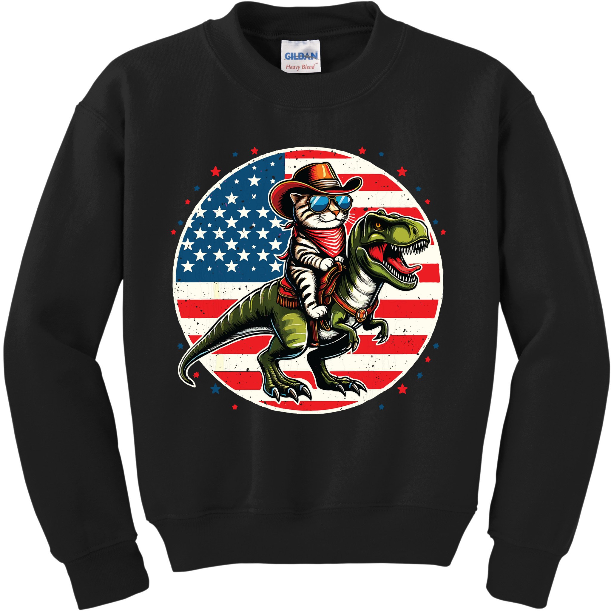 Funny Cowboy Cat Riding Dinosaur Usa Flag Trex 4th Of July Kids Sweatshirt