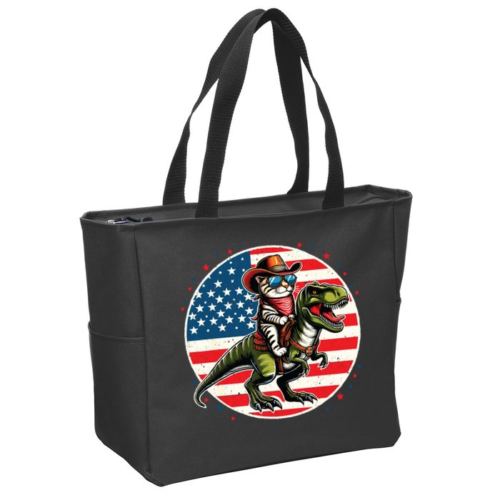 Funny Cowboy Cat Riding Dinosaur Usa Flag Trex 4th Of July Zip Tote Bag