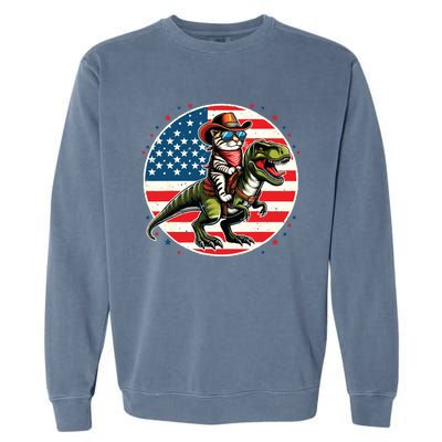 Funny Cowboy Cat Riding Dinosaur Usa Flag Trex 4th Of July Garment-Dyed Sweatshirt