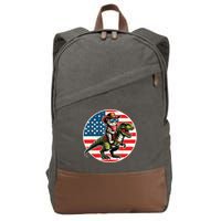 Funny Cowboy Cat Riding Dinosaur Usa Flag Trex 4th Of July Cotton Canvas Backpack