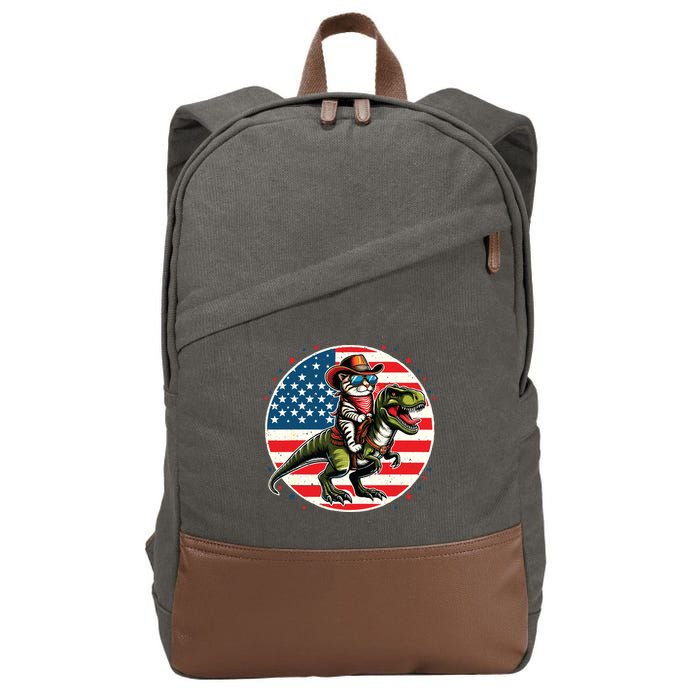 Funny Cowboy Cat Riding Dinosaur Usa Flag Trex 4th Of July Cotton Canvas Backpack