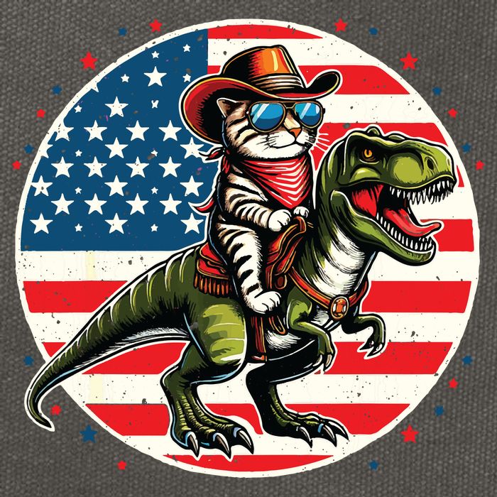 Funny Cowboy Cat Riding Dinosaur Usa Flag Trex 4th Of July Cotton Canvas Backpack
