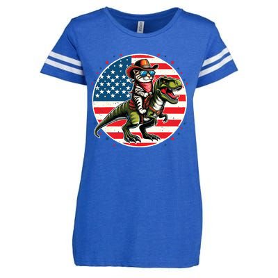 Funny Cowboy Cat Riding Dinosaur Usa Flag Trex 4th Of July Enza Ladies Jersey Football T-Shirt